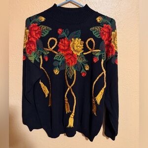 Marisa Christina Black Sweater with Red and Yellow Floral Design